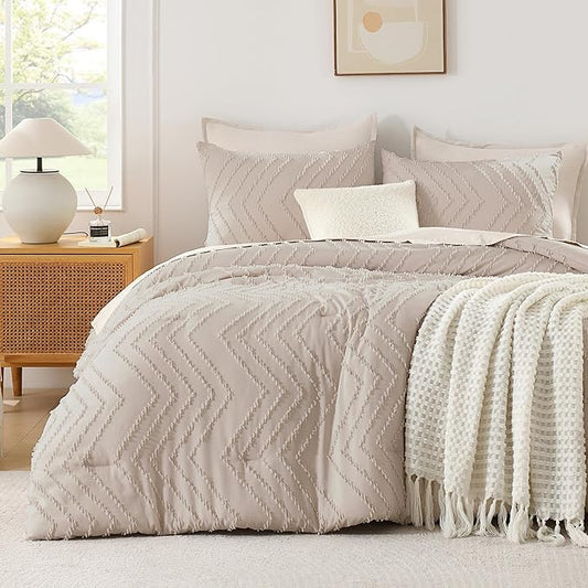 Andency Linen Comforter Set King Size, Boho Soft Warm Tufted Bedding Comforter Sets for King Size Bed, 3 Pieces Aesthetic Chevron Farmhouse Cute Bohemian Textured Bedding Set