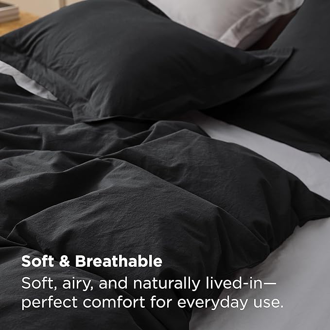 Bedsure 100% Washed Cotton Duvet Cover Queen Size - Black Minimalist Bedding Set Linen Like - PureWoven Plain Simple & Soft Comforter Cover for All Seasons (Black, Queen, 90"x90")