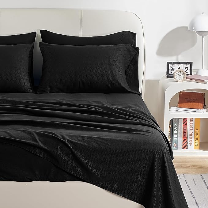 SLEEP ZONE Luxury Embossed Sheets Set Full Size, Black Honeycomb Pattern Sheet & Pillowcase Sets 4 Piece - Super Soft, Wrinkle Free, Fade Resistant, Deep Pocket 16" (Black, Full)