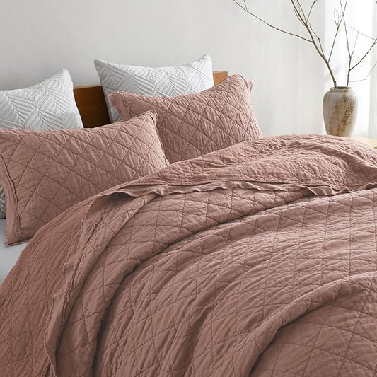 HORIMOTE HOME 100% Linen Front/100% Cotton Back Quilt Set Queen Size, Cameo Rose Pre-Washed European Flax Linen Quilt, Diamond Stitch Bedspread Coverlet Bedding Set 3-Piece for All Seasons