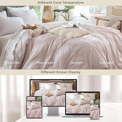 MooMee Striped Duvet Cover Set 100% Washed Cotton Linen Like Textured Breathable Durable Soft Comfy (Heathered Greyish Pink White Wide Stripes, Oversized Full 82"x86")