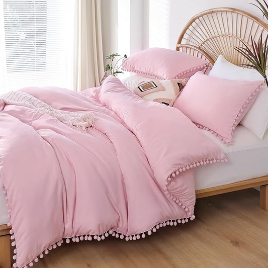 YIRDDEO Twin Comforter Set - Comforter Twin Size Bed with Ball Pom Fringe, Soft Bedding Set for All Seasons - 2 Pieces, 1 Comforter (66"x90") & 1 Pillow Sham(20"x26"), Dust Pink