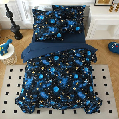 Glow in The Dark Kids Comforter Set, 5 Pieces Blue Space Bedding Set Twin Size for Boys Girls Teen, 1 Comforter, 1 Pillowcase, 1 Pillow Sham, 1 Flat Sheet, 1 Fitted Sheet