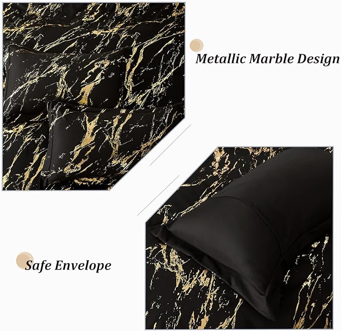 WONGS BEDDING Black Gold Metallic Marble Comforter Set King Foil Print Glitter Bedding Sets with 2 Pillowcases for All Seasons, Soft Microfiber Filling Bedding Duvet Set 103"x90"