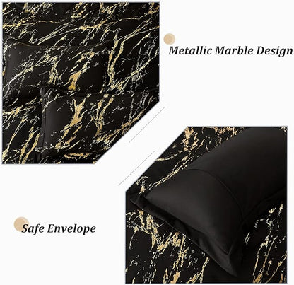 WONGS BEDDING Black Gold Metallic Marble Comforter Set King Foil Print Glitter Bedding Sets with 2 Pillowcases for All Seasons, Soft Microfiber Filling Bedding Duvet Set 103"x90"