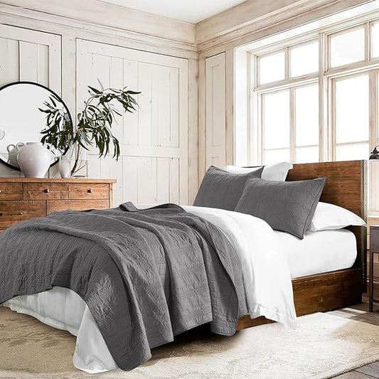 HORIMOTE HOME 100% Cotton Quilt Set Queen Size, Dark Grey Pre-Washed 3-Piece Bedspread Coverlet Set, Cozy Lightweight Stitching Bedding Cover with 2 Shams in Geometric Pattern for All Season