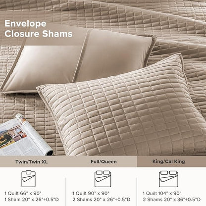 Comfort Spaces Kienna Quilt Set- Double Sided Stitching Design Summer Blanket, Lightweight, Soft, All Season Bedding Layer, Matching Sham, Taupe, Coverlet King (104"x90") 3 Piece