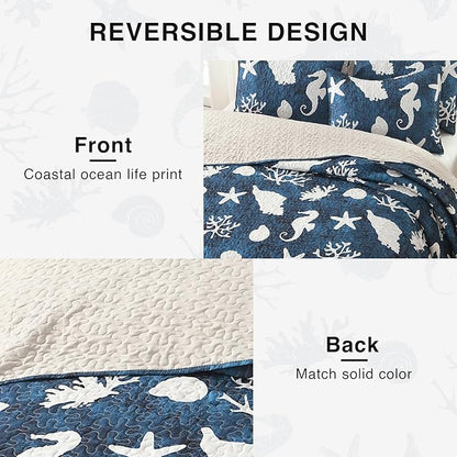 HORIMOTE HOME Coastal Quilt Bedding Set King Size, Reversible Navy Summer Beach Quilt Lightweight Ocean Nautical Comforter Tropical Bedspread Coverlet with 2 Pillow Shams for All Seasons (106"x96")