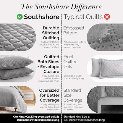 Southshore Fine Living, Inc. Comforter Quilt, King Size Bedding Set, Cal King Quilt Coverlet Set with 2 Shams, Soft Brushed Lightweight Bedspread, Pet Hair Resistant, Steel Grey