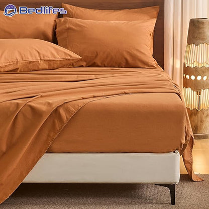 Bedlifes 100% French Pure Linen Sheets King Size Breathable and Cooling Flax Sheet Set Soft Durable and Moisture Wicking 16 Inch Deep Pocket-4 Piece(King,Brown)