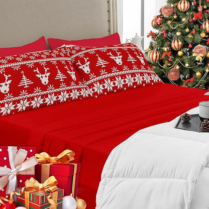 YIYEA Christmas King Size Pillow Cases Set of 4, Ultra Soft Double Brushed Microfiber Red Pillowcases and Christmas Reindeer Pillow Covers, Envelope Closure, Fade Resistant (20"x36")