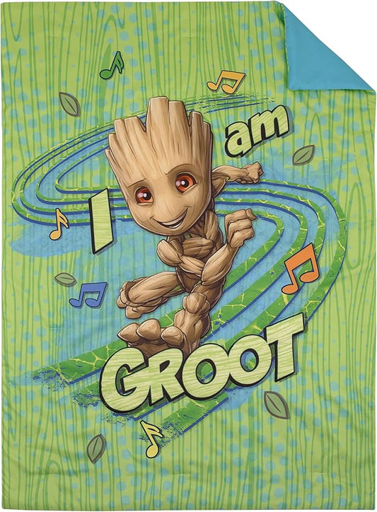 NoJo Marvel Guardians of The Galaxy I Am Groot Green and Blue 4 Piece Toddler Bed Set - Comforter, Fitted Bottom Sheet, Flat Top Sheet, and Reversible Pillowcase