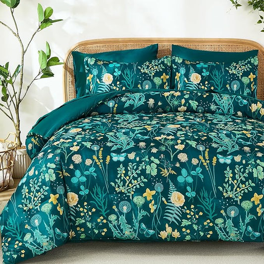 Yiran King Size Comforter Set 7 Piece, Teal Green Floral Bedding Set, Lightweight Bed in a Bag King with Botanical Flowers Spring, Soft Microfiber Complete Bedding Set with Sheets for All Season