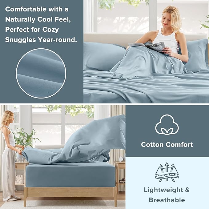 Comfort Spaces Extra Deep Pocket, 100% Cotton King Fits up to 24" Mattress, Breathable, Naturally Cool, Soft, All Seasons Sheet Set, Blue 4 Piece
