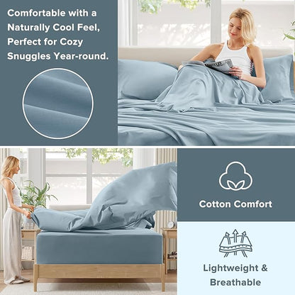 Comfort Spaces Extra Deep Pocket, 100% Cotton King Fits up to 24" Mattress, Breathable, Naturally Cool, Soft, All Seasons Sheet Set, Blue 4 Piece