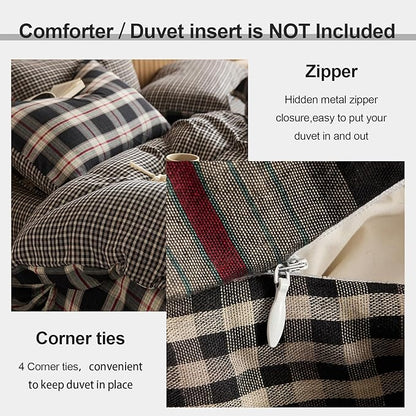 EAVD Vintage Red&Black Plaid Duvet Cover Queen Soft 100% Muslin Cotton Retro Grid Checkered Bedding Set with 2 Pillowcases Reversible Gingham Duvet Cover with Zipper Closure