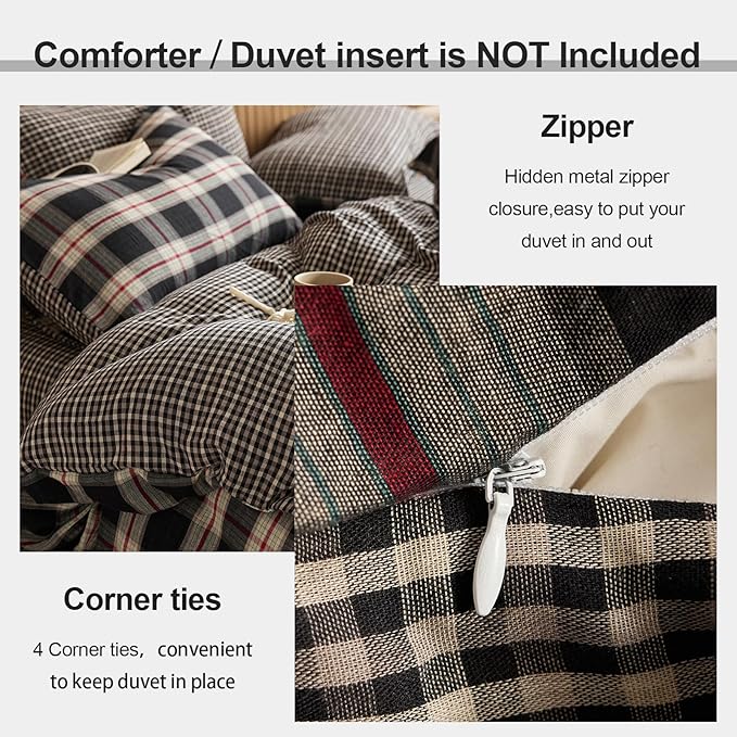 EAVD Vintage Style Red&Black Plaid Duvet Cover Twin Soft 100% Cotton Muslin Retro Red Green Black Grid Checkered Plaid Bedding Set with 2 Pillowcases Reversible Gingham Duvet Cover with Zipper Closure