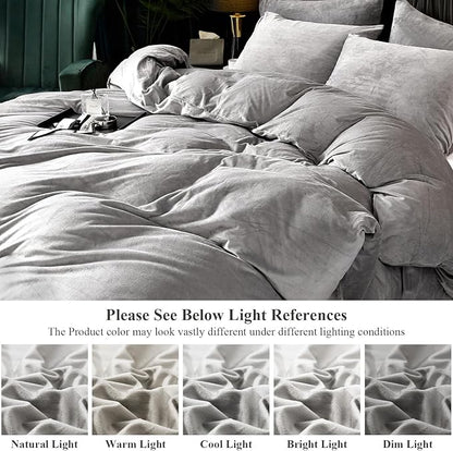 Ivellow Velvet Flannel Duvet Cover King Size Smoky Gray Duvet Cover King Velvet Comforter Cover Set Ultra Soft Breathable Cozy Velour Duvet Cover Solid Luxury Bedding Set Zipper Closure Corner Ties