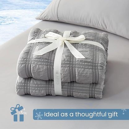 Cozy Bliss Cooling Comforter Seersucker Plaid Full Size, Q-Max 0.45 Lightweight Cooling Blanket, Breathable Silk Smooth Summer Bedding Quilt for Hot Sleepers Night Sweats Dark Grey