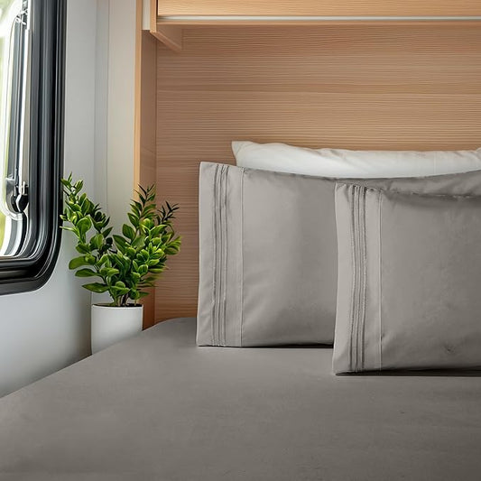 Elegant Comfort Luxurious 1500 Premium Hotel Quality Microfiber Three Line Embroidered Softest 4-Piece Bed Sheet Set, Wrinkle and Fade Resistant, RV Short Queen, Gray