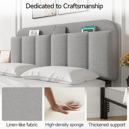 Queen Size Adjustable Headboard, Upholstered Headboard with Storage, APP Controlled LED Light, Padded Head Board Only, Sturdy Metal Foot Frame, Vertical Channel Design for Bedroom, Grey