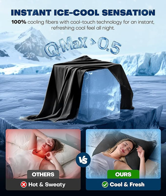 Ultra-Chill Cooling Pillowcase Set of 2 for Hot Sleepers, Softer Than Silk Pillow Cases for Protecting Hair & Skin, Breathable Bed Pillow Covers w/Zipper, Gifts for Women Men (Black, King)