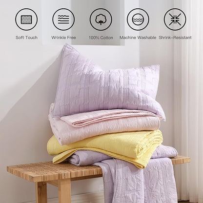 HORIMOTE HOME 100% Cotton Quilt Set King Size, Light Pink Pre-Washed Bedspread Coverlet Set, Cozy Lightweight Stitching Decorative Bedding Cover with 2 Shams in Geometric Pattern for All Season