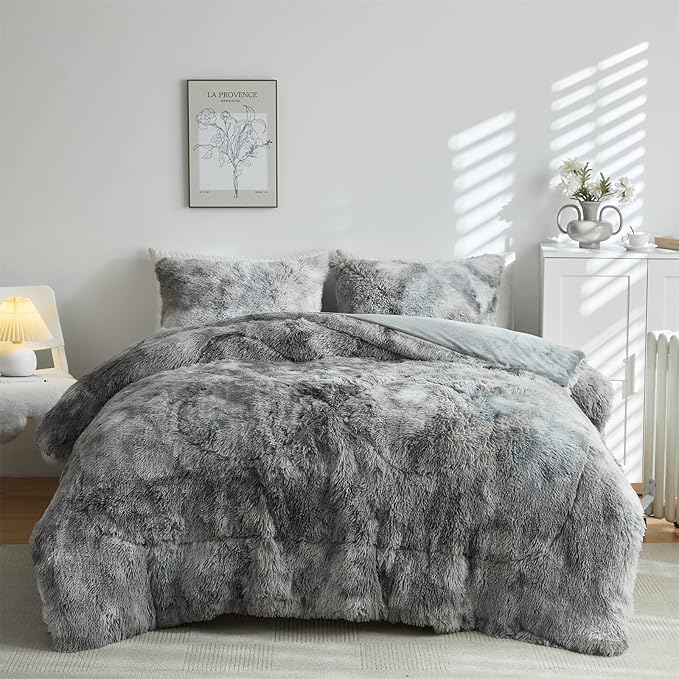 Wajade Faux Fur Plush Tie Dye Grey White Comforter Set Fluffy Fuzzy Shaggy Bedding Set - 3PC Full/Queen Microfiber Soft Warm Quilt Set