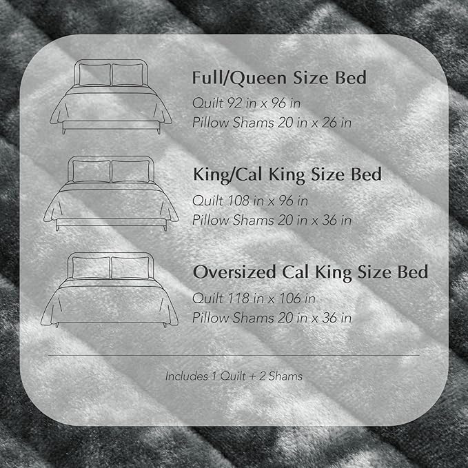 EVERGRACE Velvet Quilt Set California King 118'' x 106'', Luxurious Soft Striped Channel Bedding Set, Lightweight Velvet Comforter for All Season, Oversized Bedspread Coverlet w/ 2 Shams Charcoal Gray