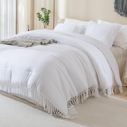 Andency White Full Size Comforter Set, 3 Pieces Boho Tassel Lightweight Soft Bedding Comforter Sets, All Season Fluffy Fringe Bed Set (79x90In Comforter & 2 Pillowcases)