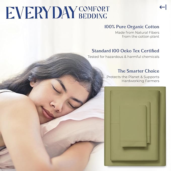 Mayfair Linen 100% Organic Cotton Sheets King Size - 4 PC Organic Cotton King Percale Weave Sheet Set, Soft, Cooling, Crisp & Breathable, 16" Deep Pocket Hotel Quality Bedding Set - Sage Green