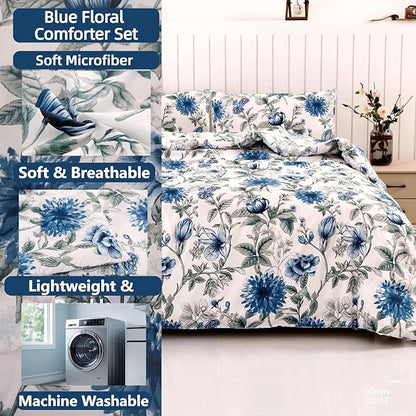 SDIII Blue Floral Comforter Set Twin 3 Pieces, Soft Microfiber Twin Comforter Floral, Vintage Blue Cornflower Bedding Set All Season