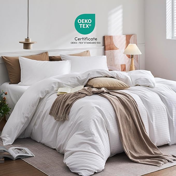 JELLYMONI Striped Duvet Cover Set - King Size Comforter Cover, Classic Sateen Stripes, 100% Cotton 3 Pcs Bedding with Zipper Closure & 8 Corner Ties for Master or Guest Bedroom