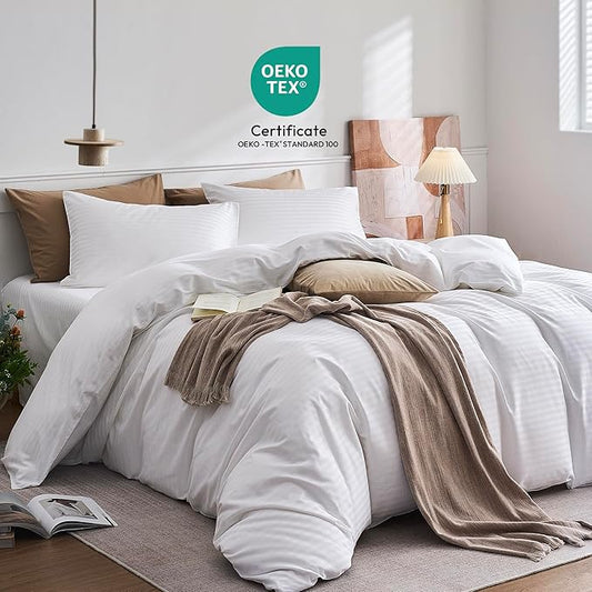JELLYMONI Striped Duvet Cover Set - Full Size Comforter Cover, Classic Sateen Stripes, 100% Cotton 3 Pcs Bedding with Zipper Closure & 8 Corner Ties for Guest or Teen Room