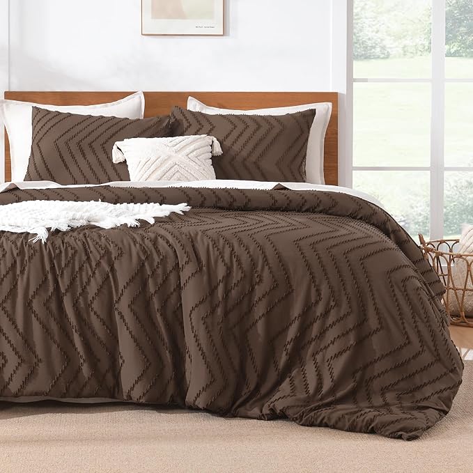 Litanika Oversized King Comforter Set Super King Size 120x120, 3 Pieces Brown Chevron Tufted Solid Bedding Comforter Sets, Fluffy Bed Set