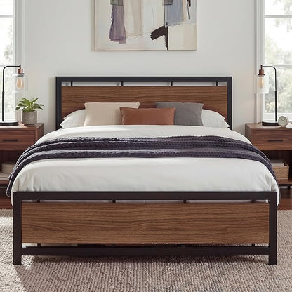 LIKIMIO King Bed Frame with Headboard and Footboard, Metal Strong Supports, Easy Assembly, Noise-Free, No Box Spring Needed, Dark Walnut
