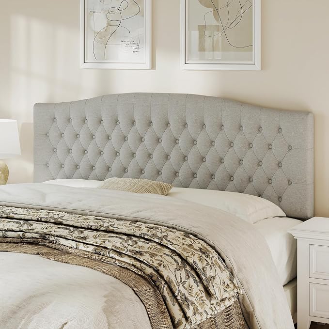 King Headboard Only, Linen Classic Tufted Design, Gray Linen | 2 installation options: 1.bed frame mount 2.wall mount (for adjustable bed), Classic hand-tufted headboard king size
