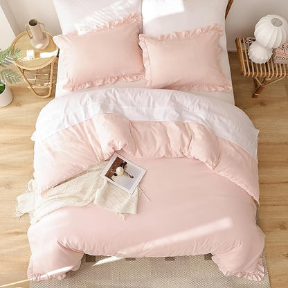 JANZAA Bedding Set, Blush Ruffle 3PCS (1 Comforter Set and 2 Pillow Covers) All Season, Shabby Chic, Vintage, Polyester, King, Soft