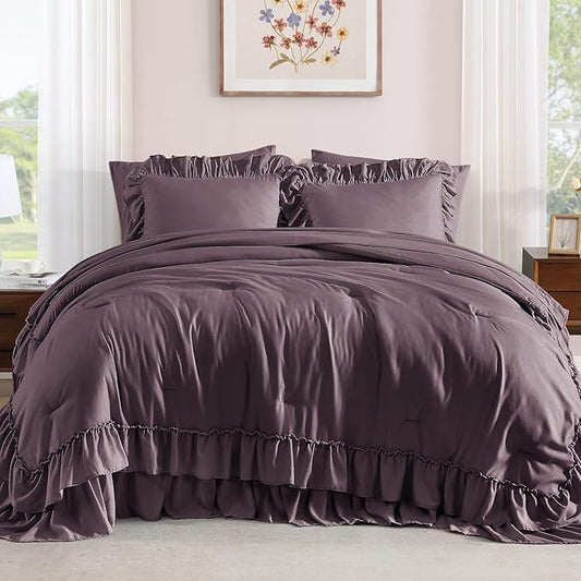 King Size Comforter Set Dark Purple, Ruffle Shabby Chic Bedding Set Farmhouse 7 Pieces, All Season Fluffy Bed in a Bag with Sheets, Pillowcases & Shams