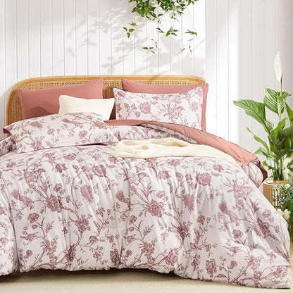 Luxudecor Floral Comforter Set King Size 7 Pieces, Blush Pink Flower with Bird Bed in a Bag, Soft Reversible Comforter with Sheet Bed Set 104"x90"