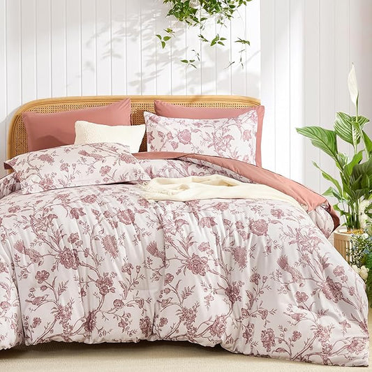 Luxudecor Floral Comforter Set Queen Size 7 Pieces, Blush Pink Flower with Bird Bed in a Bag, Soft Reversible Comforter with Sheet Bed Set 90"x90"
