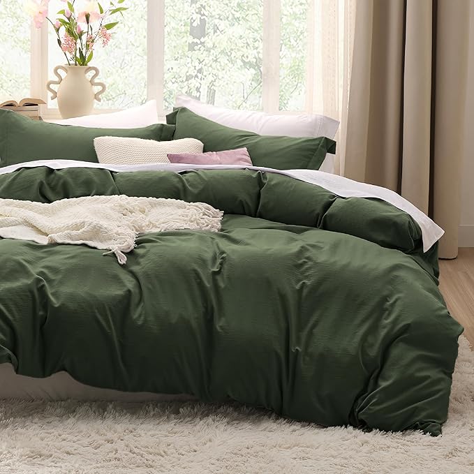 Bedsure Olive Green Oversized Queen Duvet Cover - 3 Pieces Prewashed Cotton-Like Polyester Extra Soft Bedding Set, Includes 1 Duvet Cover 98''x98'' with Zipper Closure & 2 Pillow Shams, No Comforter