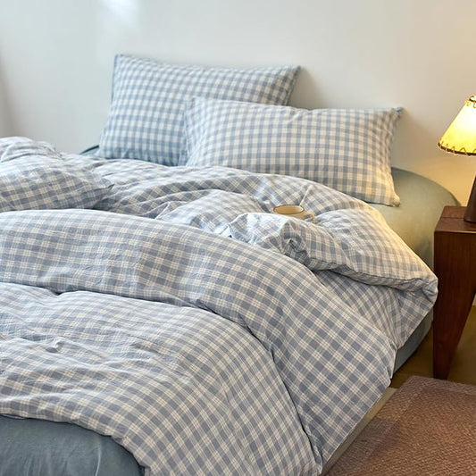 EAVD Vintage Style Blue&White Plaid Gingham Duvet Cover King Soft 100% Washed Cotton Chic Grid Checkered Bedding Set with 2 Pillowcases Farmhouse Blue Plaid Duvet Cover with Zipper Closure