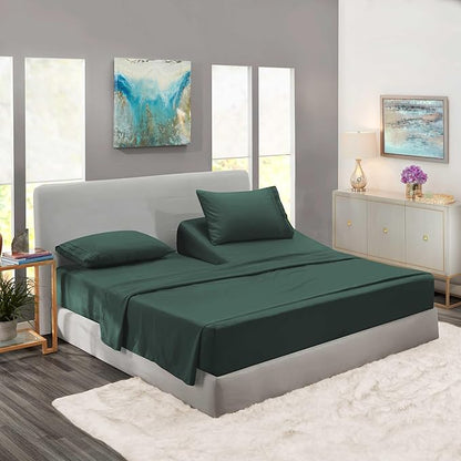 Clara Clark Flex Top King Sheets - Hotel Luxury 6 Piece Bed Sheets for Top Split King Bed - Soft Bedding Sheets & Pillowcases, Head Split King Size. Forest Green