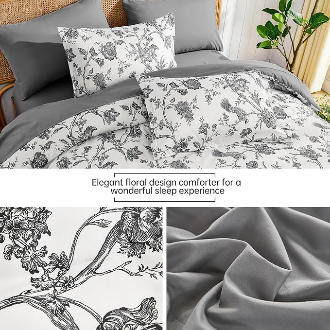 Luxudecor Floral Comforter Set Queen Size 7 Pieces, Dark Grey Flower with Bird Bed in a Bag, Soft Reversible Comforter with Sheet Bed Set 90"x90"