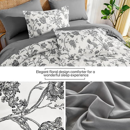 Luxudecor Floral Comforter Set Queen Size 7 Pieces, Dark Grey Flower with Bird Bed in a Bag, Soft Reversible Comforter with Sheet Bed Set 90"x90"