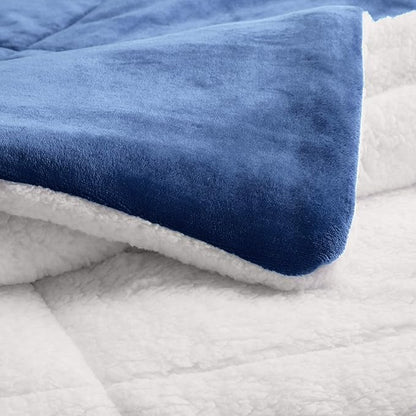 Amazon Basics 3-Piece Ultra-Soft Micromink Sherpa Comforter Bedding Set, Warm All Season, Machine Washable, Full/Queen, Navy Blue