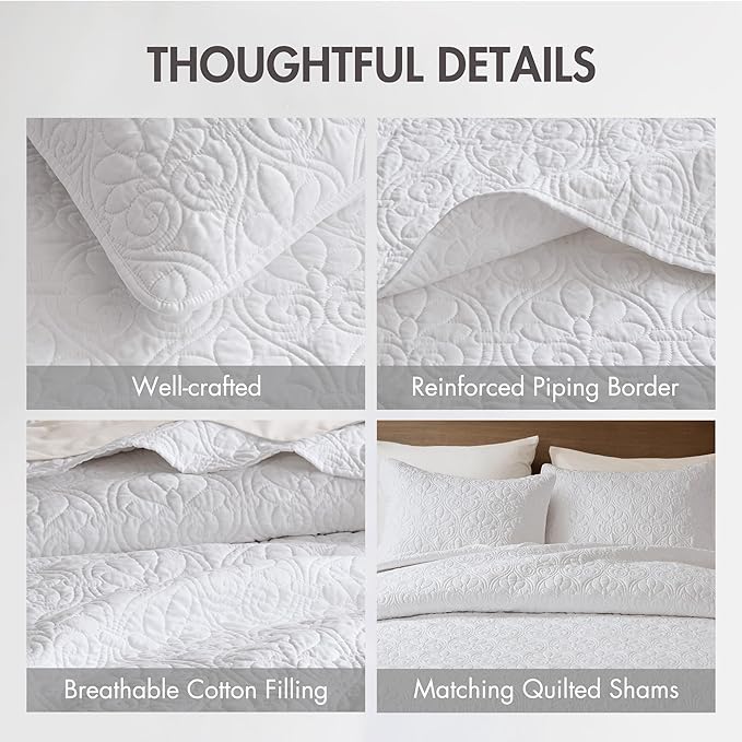 Madison Park Quebec Reversible Quilt Set Damask Design, Double Sided Stitching All Season, Lightweight Bedspread Bedding Set, Matching Sham, White, Oversized King(120"x118") 3 Piece
