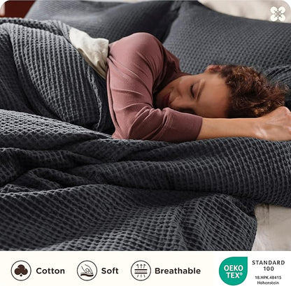 Bedsure Cotton Duvet Cover Set - 100% Cotton Waffle Weave Charcoal Duvet Cover California King Size, GentleSoft™ and Breathable Cal King Bedding Set for All Season, 3 Pieces, 104"x98"