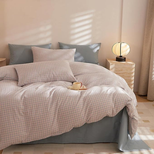 EAVD Reversible Gingham Duvet Cover King Pink Blue Grid Plaid Bedding Set with 2 Pillowcases Modern Checkerd Grid Duvet Cover with Zipper Closure Farmhouse Gingham Bedding Set for Boys Women Men
